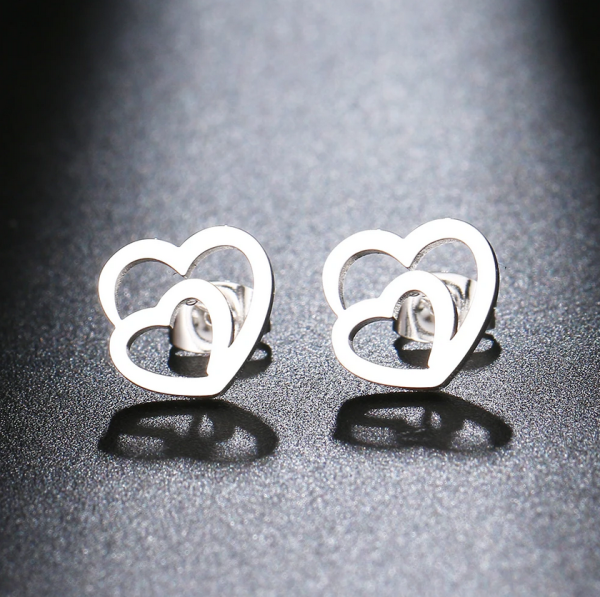 Elegant Stainless Steel Hollow Double Heart Stud Earrings/Pendant Choker (17″) - Image 5