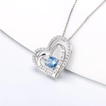 925 Sterling Silver Blue Zirconia Engraved Double Heart Pendant Necklace