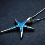 White Gold Filled Fire Opal Starfish Pendant Necklace (Blue, Green, White)