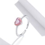 925 Sterling Silver Pink Zirconia Heart Adjustable Ring (Size 6-8)