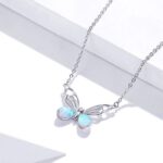 Platinum 925 Sterling Silver Blue Opal Butterfly Pendant Choker
