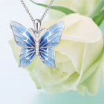 Exquisite 925 Sterling Silver Blue/Pink Butterfly Pendant Necklace