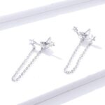 Elegant 925 Sterling Silver Triple Star Stud Chain Earrings
