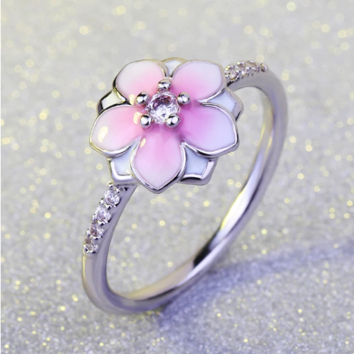 High Quality 925 Sterling Silver Plated Pink Daisy Pandora Style Ring