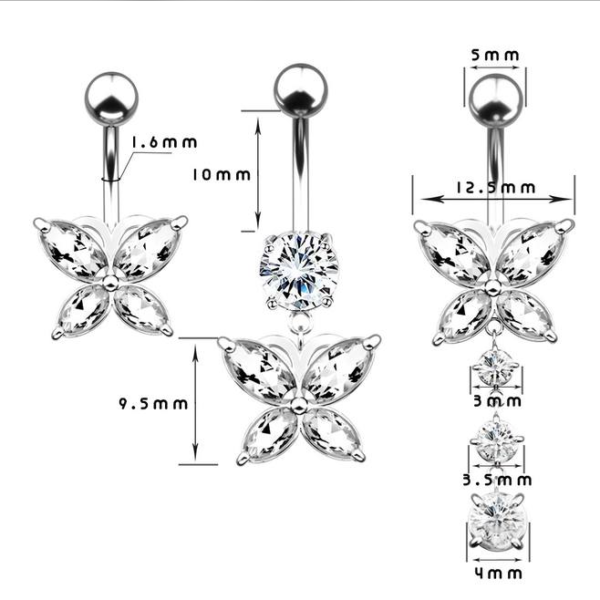 316L Stainless Steel CZ Butterfly Series 14G Belly Button/Navel Piercing (Multiple Styles) - Image 4