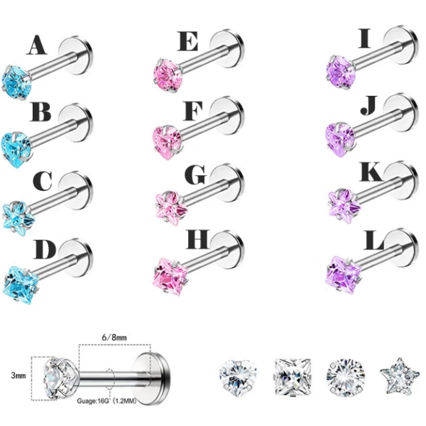 3PC Cubic Zirconia 16G Stainless Steel Ear/Lip Shape Piercing (8mm)