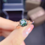 Exotic 925 Sterling Silver Cushion Cut 1CT Green Moissanite Gemstone Adjustable Ring