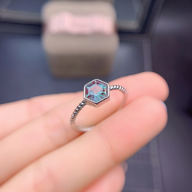 Platinum 925 Sterling Silver Exotic Alexandrite Hexagon Gemstone Adjustable Ring