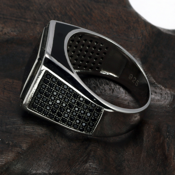 Solid 925 Sterling Silver Men's Micro Paved Black Zircon Signet Ring - Image 3