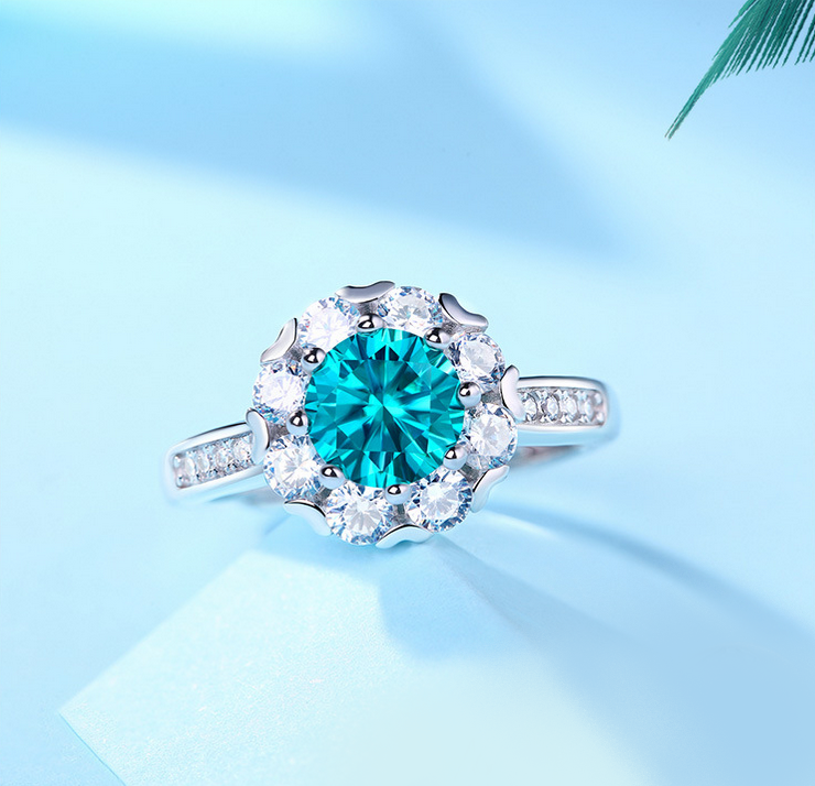 Exquisite S925 Sterling Silver 1CT Aquamarine Moissanite Adjustable Ring