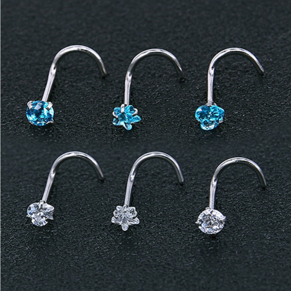 3PC Stainless Steel Cubic Zirconia Nose Stud Piercing (Circle, Heart, Star)