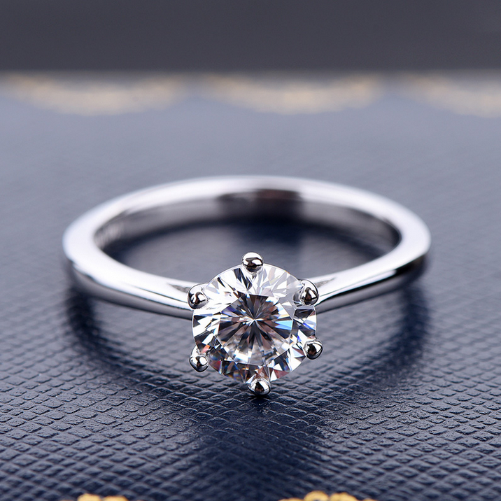 925 Sterling Silver 18K 2CT Classic 6 Prong Moissanite Ring