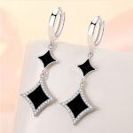 Sterling Silver Plated Black Agate Crystal Drop Earrings