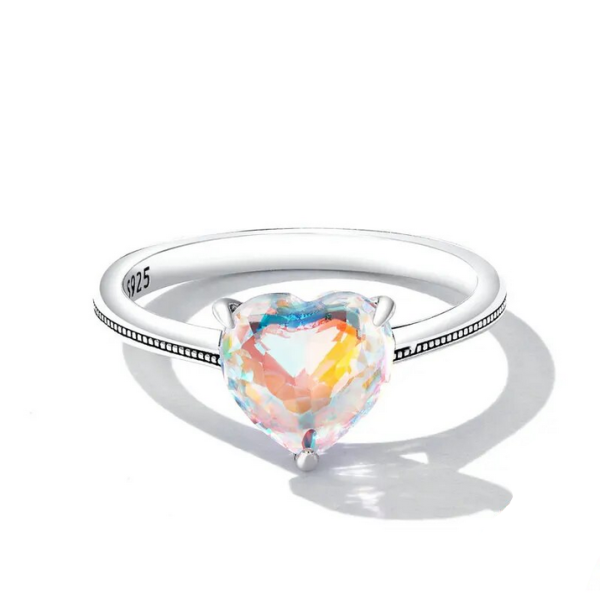 Platinum 925 Sterling Silver Sparkling Mystic Rainbow Heart Ring