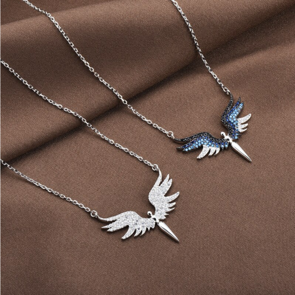 Exquisite Angel Wings Zirconia Pendant Necklace (Silver, Gold, Blue) - Image 2