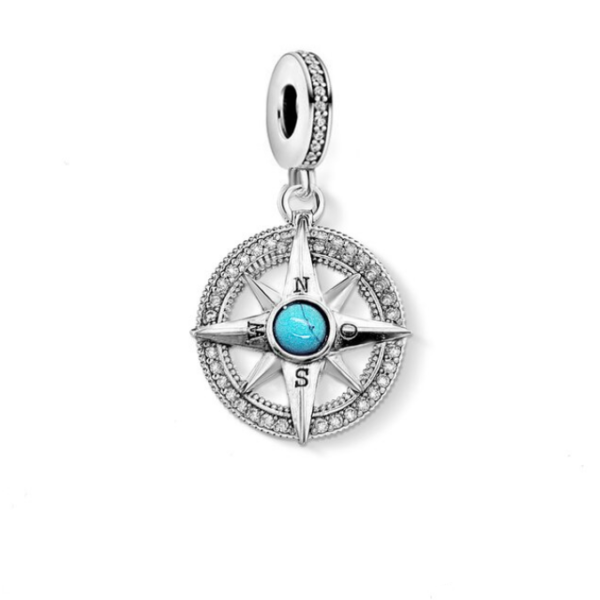 Vintage 925 Sterling Silver Compass Charm Fine Zircon Pendant