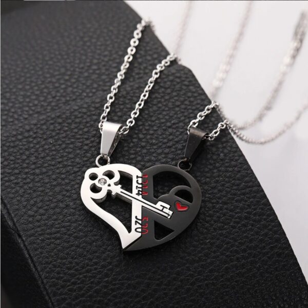 Couple’s 2PC Stainless Steel Broken Heart Key Locket Pendant Necklace – 50″ - Image 3