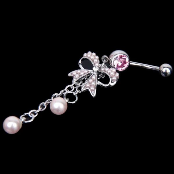 14G Stainless Steel Pink Crystal Rhinestone Dangle Bow Navel Chain Piercing - Image 3