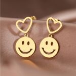 316L Stainless Steel Smiley Face Heart Drop Stud Earrings