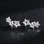 Genuine 925 Sterling Silver Semi-Pave Triple Star Zircon Stud Earrings