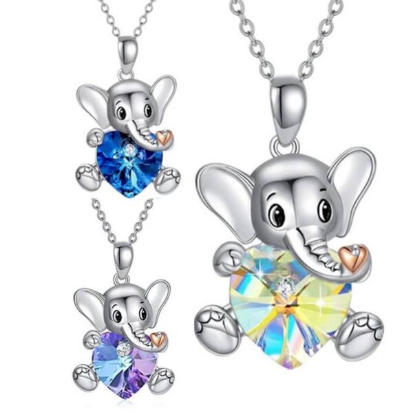 Silver Plated Baby Elephant Hugs Crystal Heart Pendant Necklace - Image 2