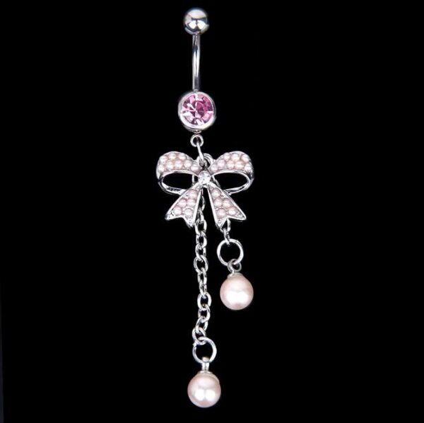 14G Stainless Steel Pink Crystal Rhinestone Dangle Bow Navel Chain Piercing