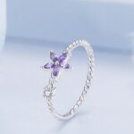 Platinum 925 Sterling Silver Exquisite Twisted Rope Purple Flower Crystal Ring