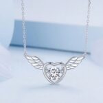 Platinum 925 Sterling Silver Dazzling Zirconia Heart Angel Wings Pendant Choker
