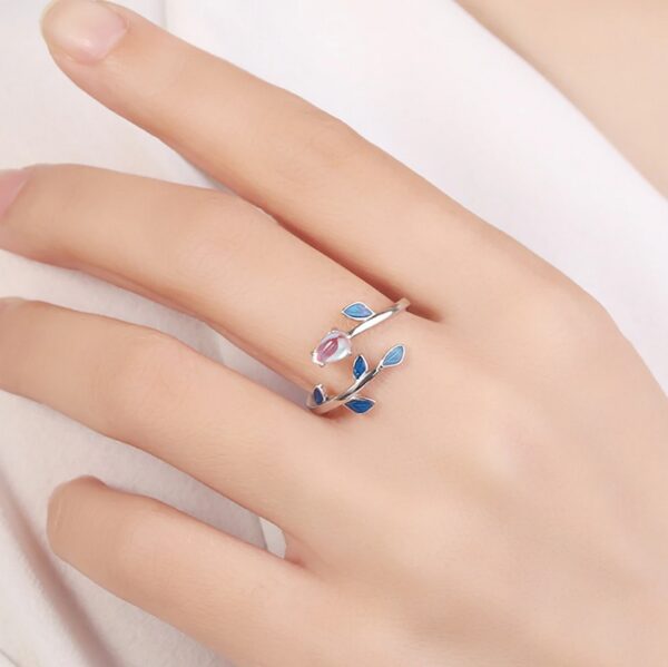 Exquisite 18K 925 Sterling Silver Moonstone Charm Adjustable Leaf Ring (Size 6-9) - Image 2