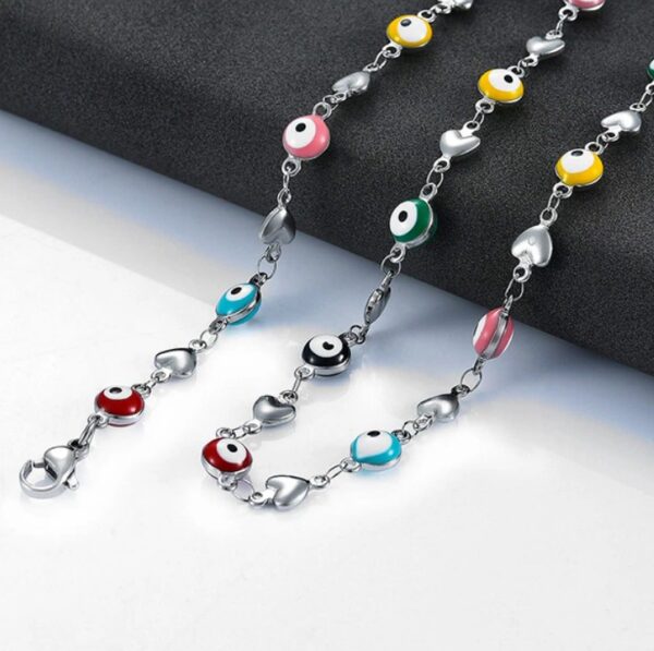 316L Stainless Steel Colorful 6mm Lucky Eye Heart Charm Necklace/Bracelet