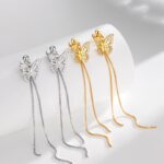 Genuine 18K 925 Sterling Silver Zircon Butterfly Stud Earrings + 60mm Tassel Line