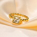 Genuine 316L Stainless Steel IP Gold A3 2CT Zirconia Princess Cut Bead Ring