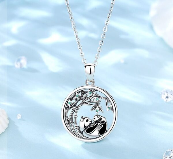 Elegant 925 Sterling Silver Zircon Bamboo Mother & Cub Panda Pendant Necklace