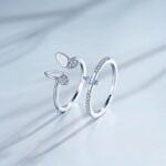 Creative Sterling Silver Plated Zircon Butterfly Adjustable Double Ring Set (Size 6.5-7/8)