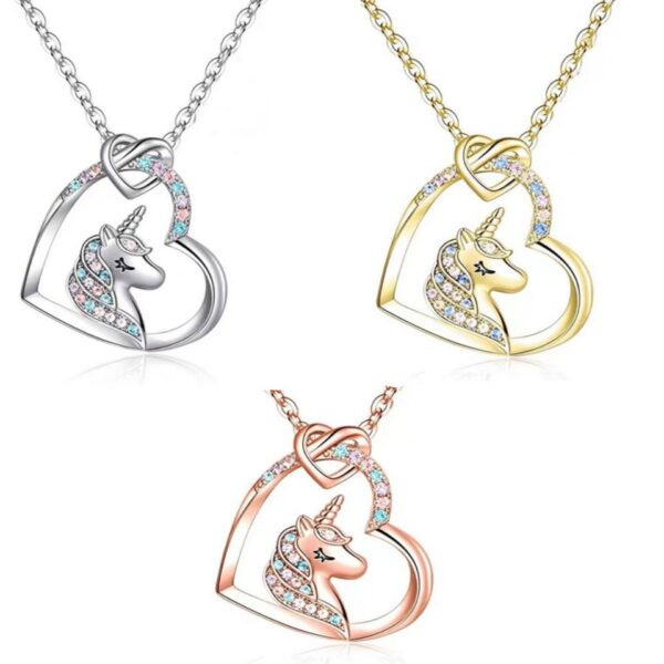 Kids Lovely Unicorn Heart Crystal Rainbow Pendant Necklace