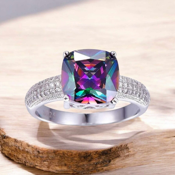 Luxury S925 Sterling Silver 5.6CT Rainbow Fire Mystic Topaz Gemstone Ring