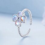 Platinum 925 Sterling Silver Moonlight Four-Leaf Clover Adjustable Ring (Size 6-8)