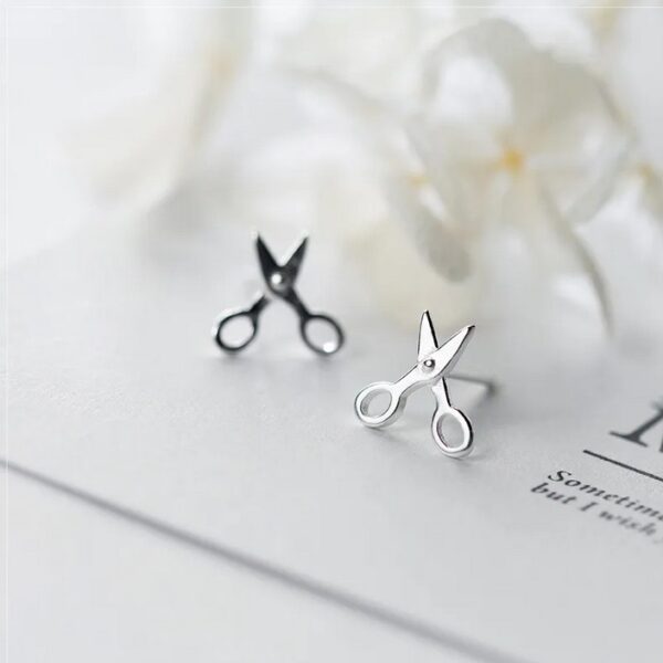 Rhodium 925 Sterling Silver Tiny Fashion Scissor Stud Earrings - Image 3