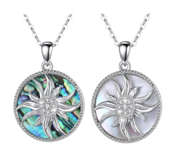 Exquisite 925 Sterling Silver Mother of Pearl Crystal Sunflower Pendant Necklace