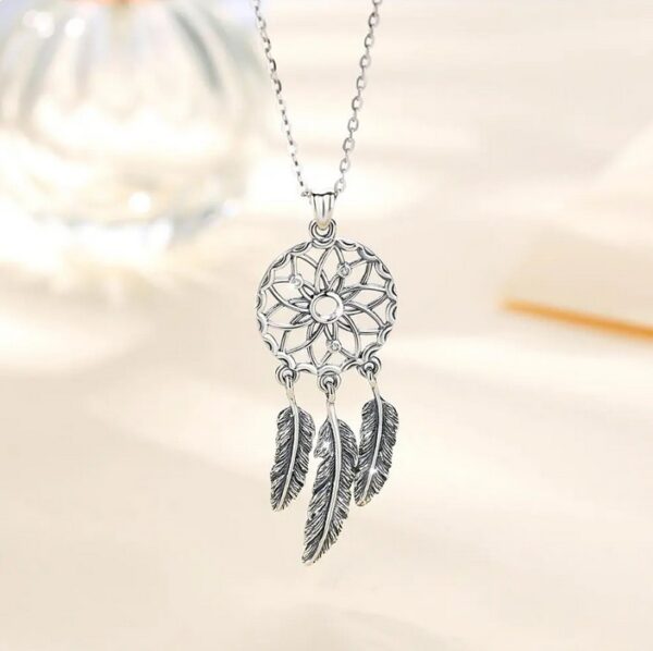 Retro 925 Sterling Silver 3 Feather Tassels Dream Catcher Pendant Necklace - Image 2