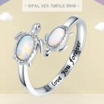 18K 925 Sterling Silver Opal/Larimar Mother & Child Sea Turtle Adjustable Ring (Size 7-9)