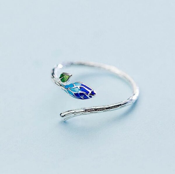 18K 925 Sterling Silver Gradient Blue Bud Plant Adjustable Ring (Size 7-8) - Image 3