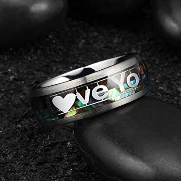 Creative Stainless Steel “I Love You” Letter Inlay Koa Wood & Abalone Shell Ring - Image 3