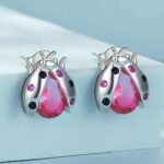 Platinum 925 Sterling Silver Gradient Pink Ladybug Stud Earrings