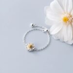 Elegant 18K 925 Sterling Silver Daisy Flower Adjustable Chain Ring