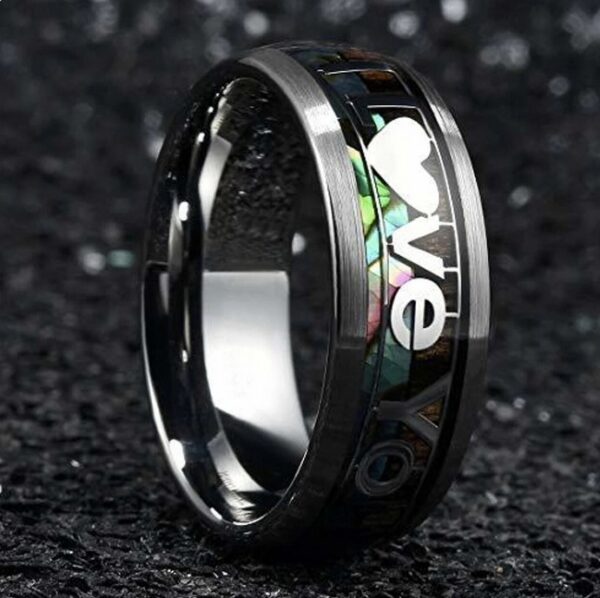 Creative Stainless Steel “I Love You” Letter Inlay Koa Wood & Abalone Shell Ring