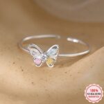 Fine 18K 925 Sterling Silver Cute Zircon Butterfly Adjustable Ring