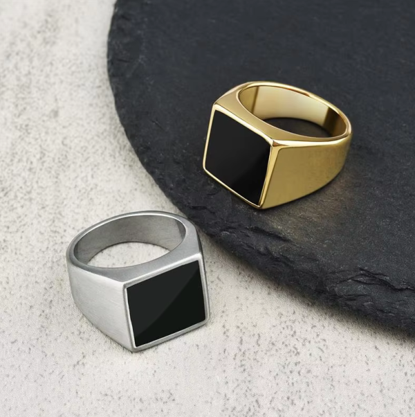 Men's 316L Stainless Steel Black Square Signet Ring (Silver, Gold)