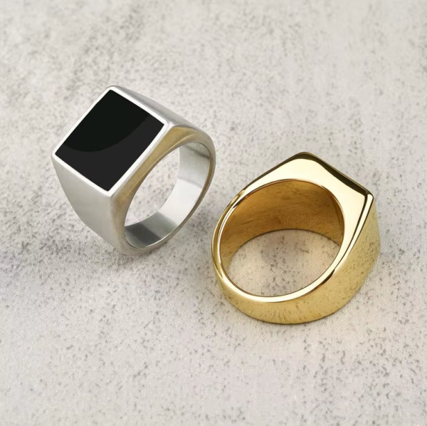 Men's 316L Stainless Steel Black Square Signet Ring (Silver, Gold) - Image 8