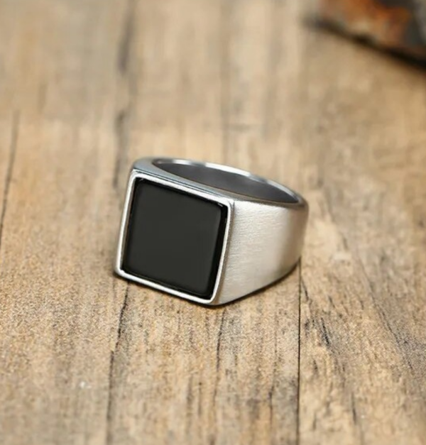 Men's 316L Stainless Steel Black Square Signet Ring (Silver, Gold) - Image 2